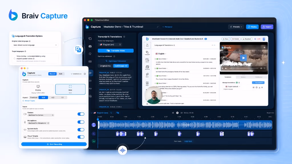 Braiv Capture recording a software demo, optimizing the voiceover, and translating narration and on-screen text