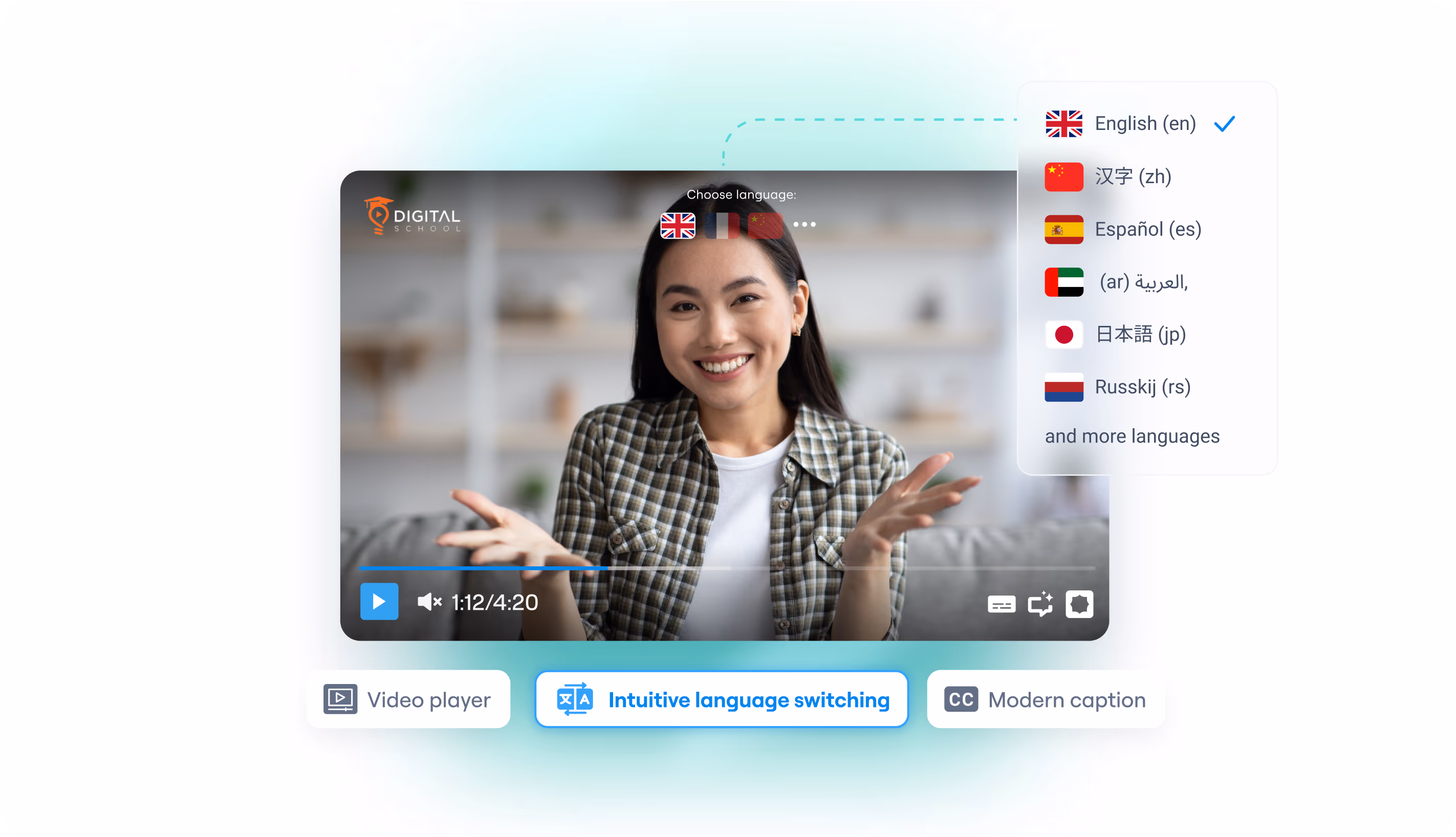 Multilingual video hosting player with audio and subtitle tracks for multiple languages