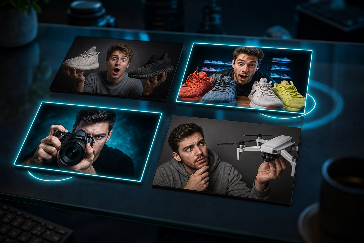 Quatro frames de thumbnail de alto contraste comparados lado a lado para as composições mais fortes lerem primeiro no tamanho do feed