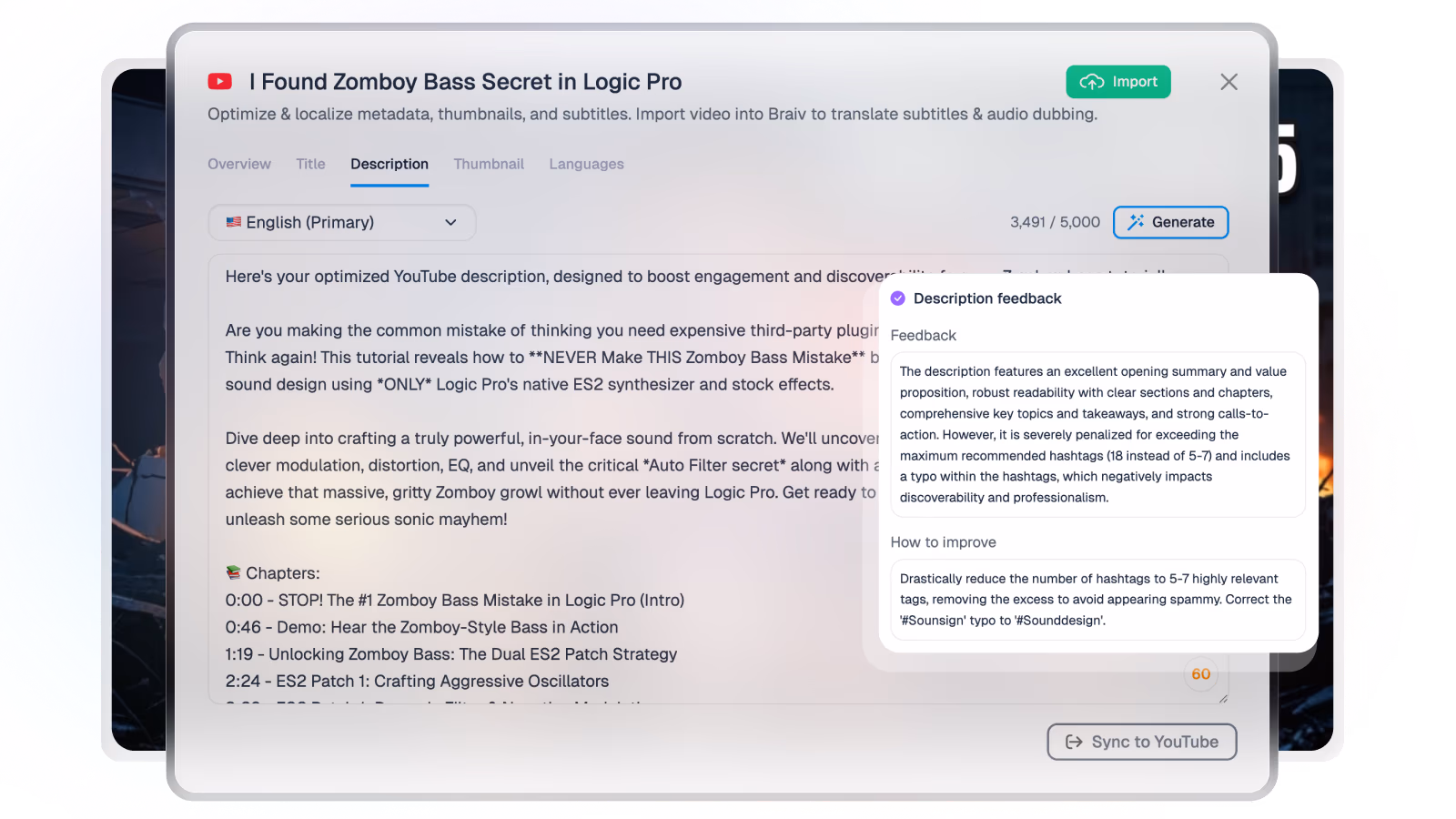 YouTube video packaging generating title description and thumbnail options from the transcript